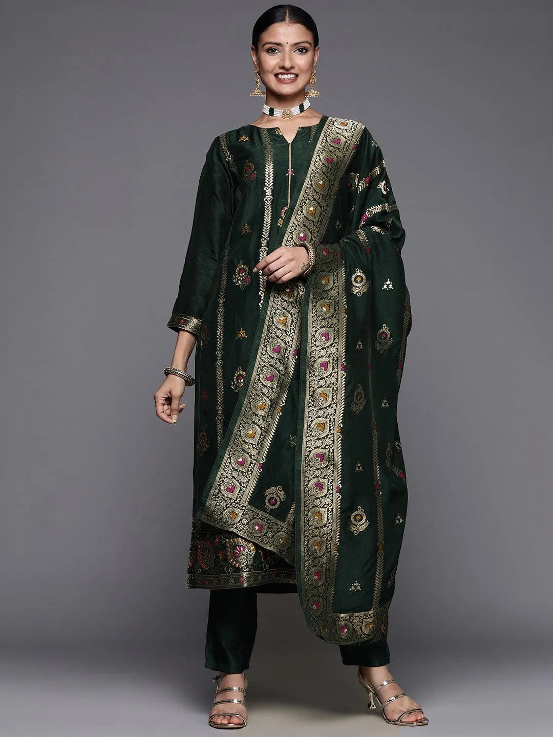 Green Embroidered Silk Blend Straight Suit Set - Libas 