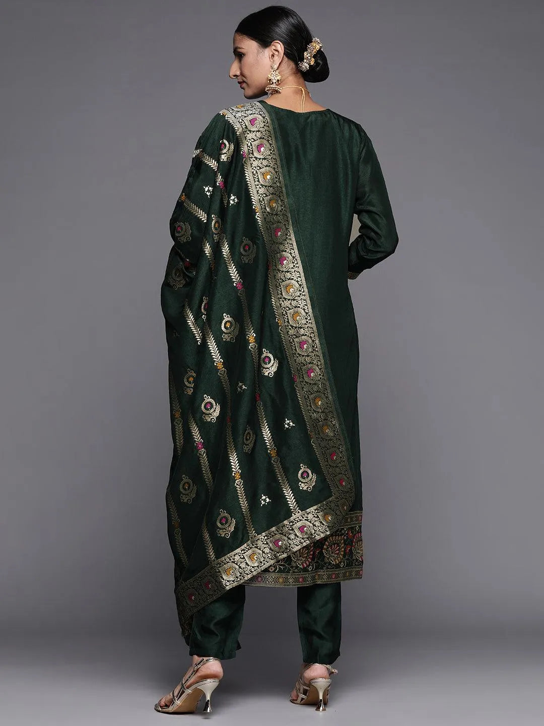 Green Embroidered Silk Blend Straight Suit Set - Libas 