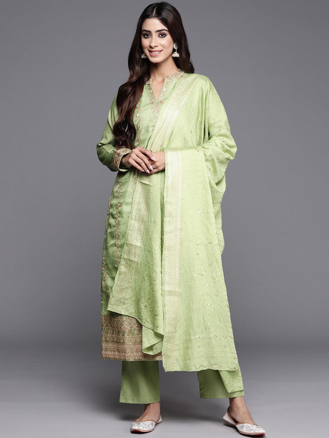 Green Embroidered Silk Blend Straight Kurta With Trousers & Dupatta - Libas