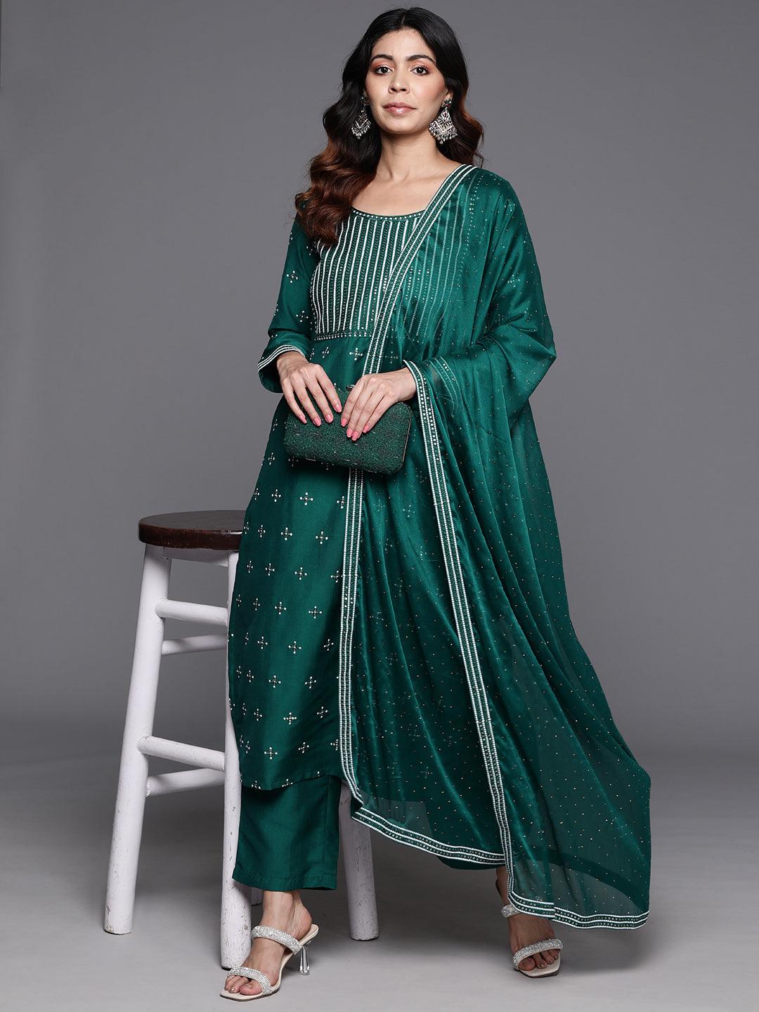 Green Embroidered Silk Blend Straight Kurta With Trousers & Dupatta - Libas