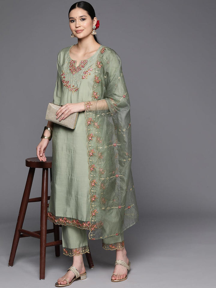 Green Embroidered Silk Blend Straight Kurta With Trousers & Dupatta - Libas