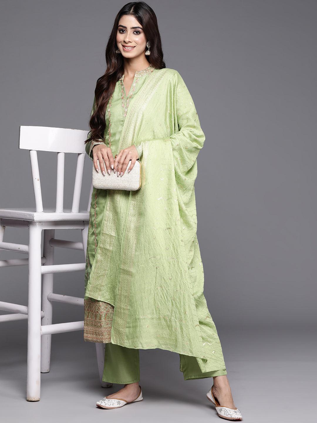 Green Embroidered Silk Blend Straight Kurta With Trousers & Dupatta - Libas