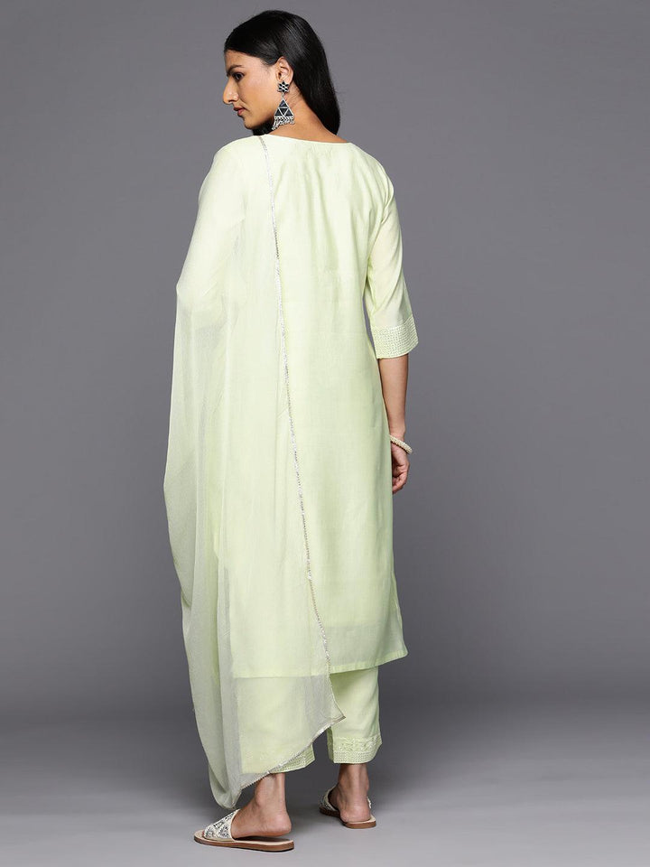 Green Embroidered Silk Blend Straight Kurta With Trousers & Dupatta - Libas