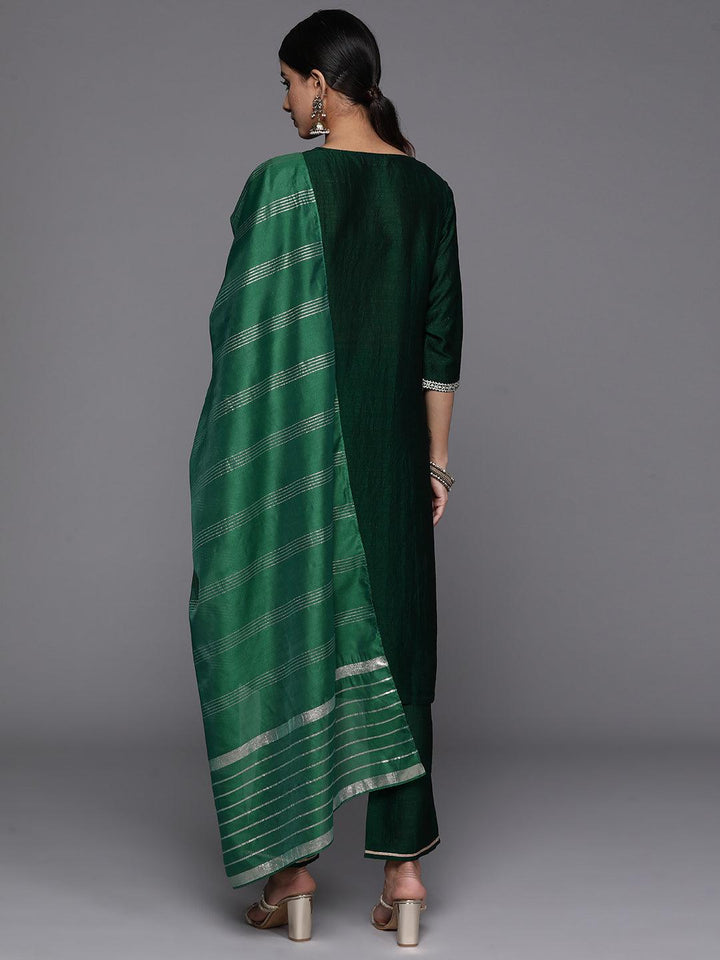 Green Embroidered Silk Blend Straight Kurta With Trousers & Dupatta - Libas