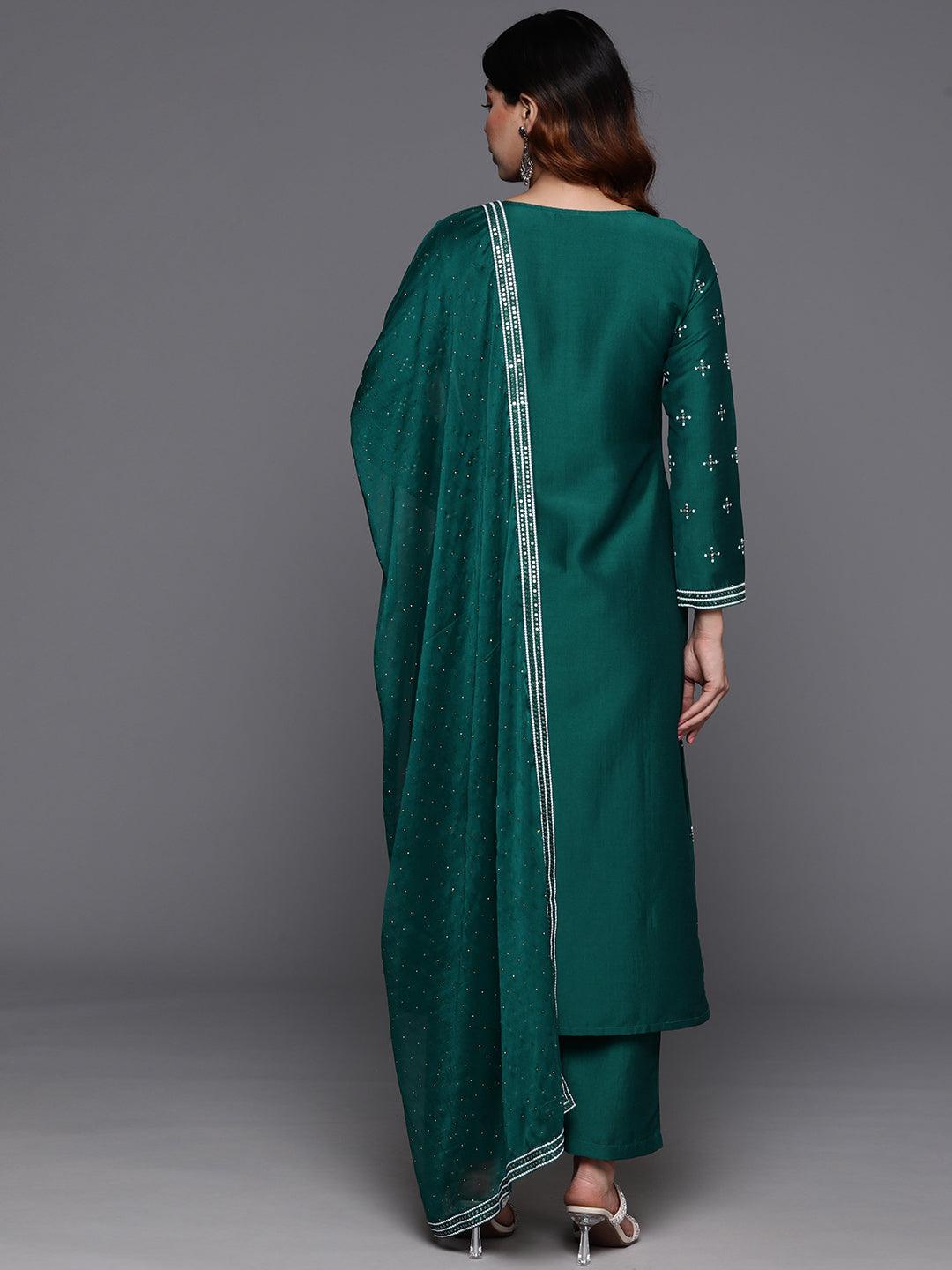 Green Embroidered Silk Blend Straight Kurta With Trousers & Dupatta - Libas