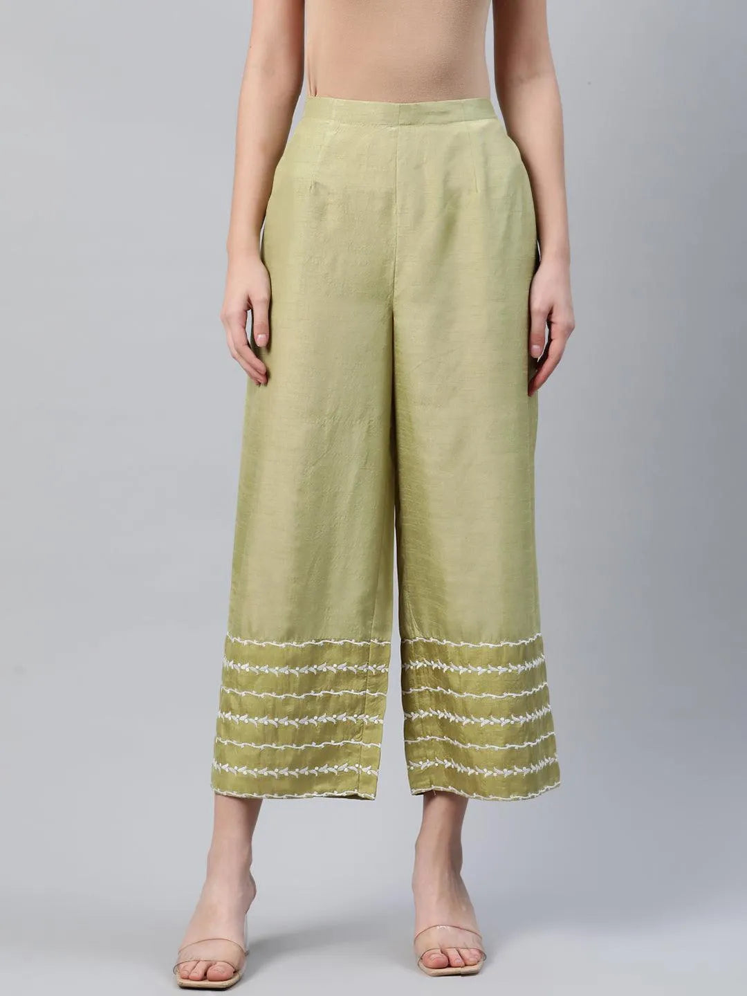 Green Embroidered Silk Palazzos - Libas 