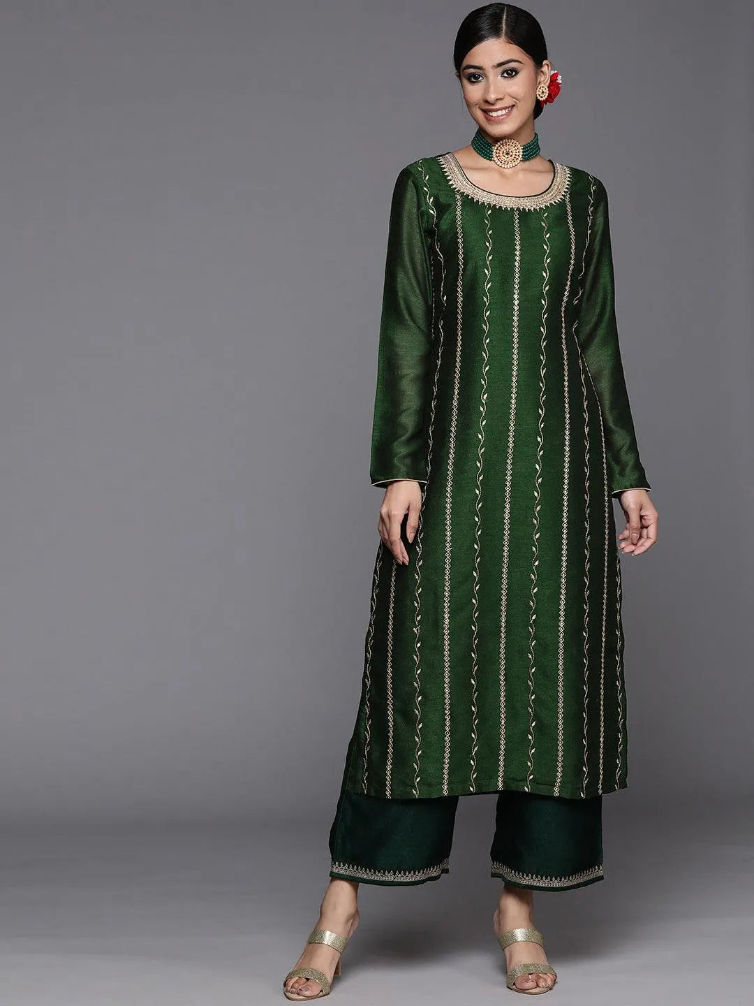 Green Embroidered Silk Straight Kurta - Libas 