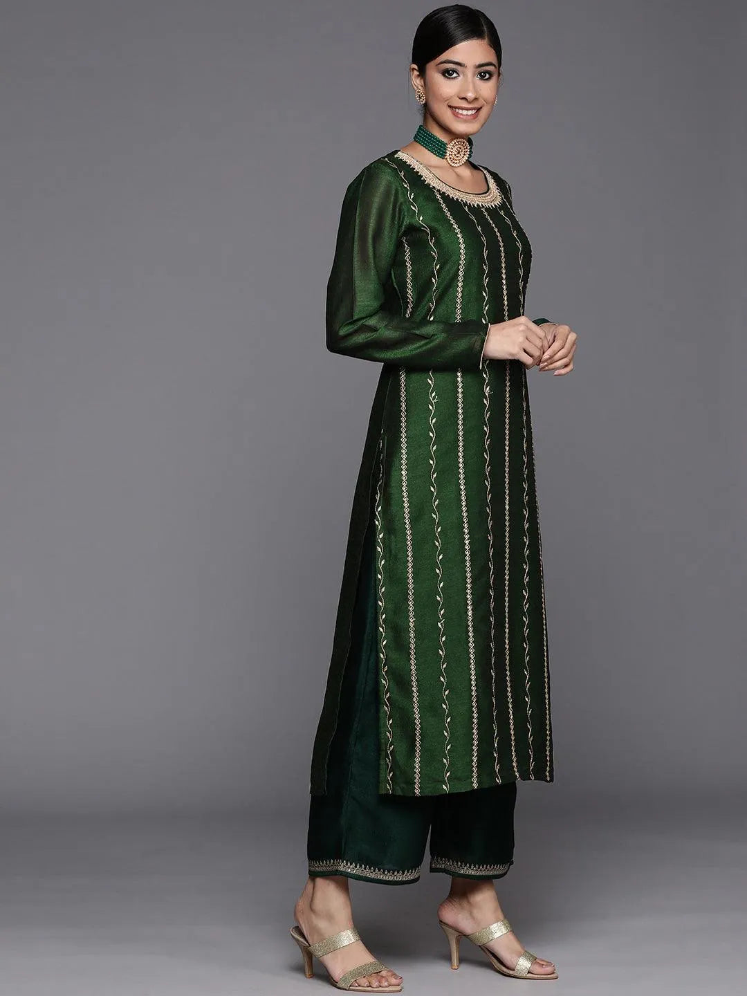 Green Embroidered Silk Straight Kurta - Libas