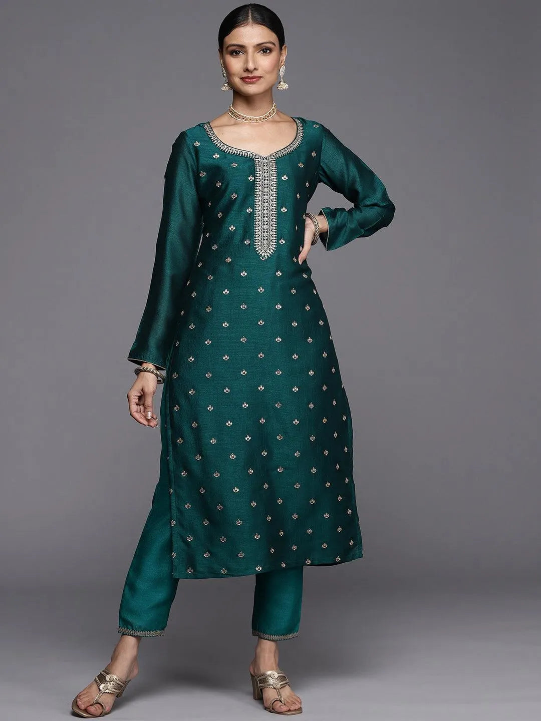 Green Embroidered Silk Straight Kurta - Libas 