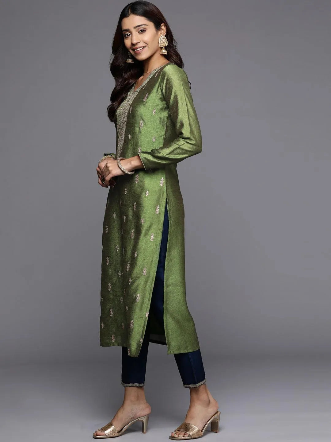 Green Embroidered Silk Straight Kurta - Libas 