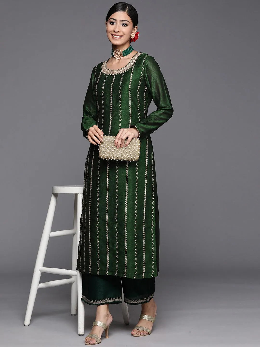 Green Embroidered Silk Straight Kurta - Libas 