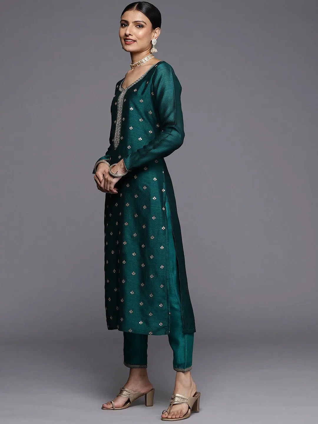 Green Embroidered Silk Straight Kurta - Libas 