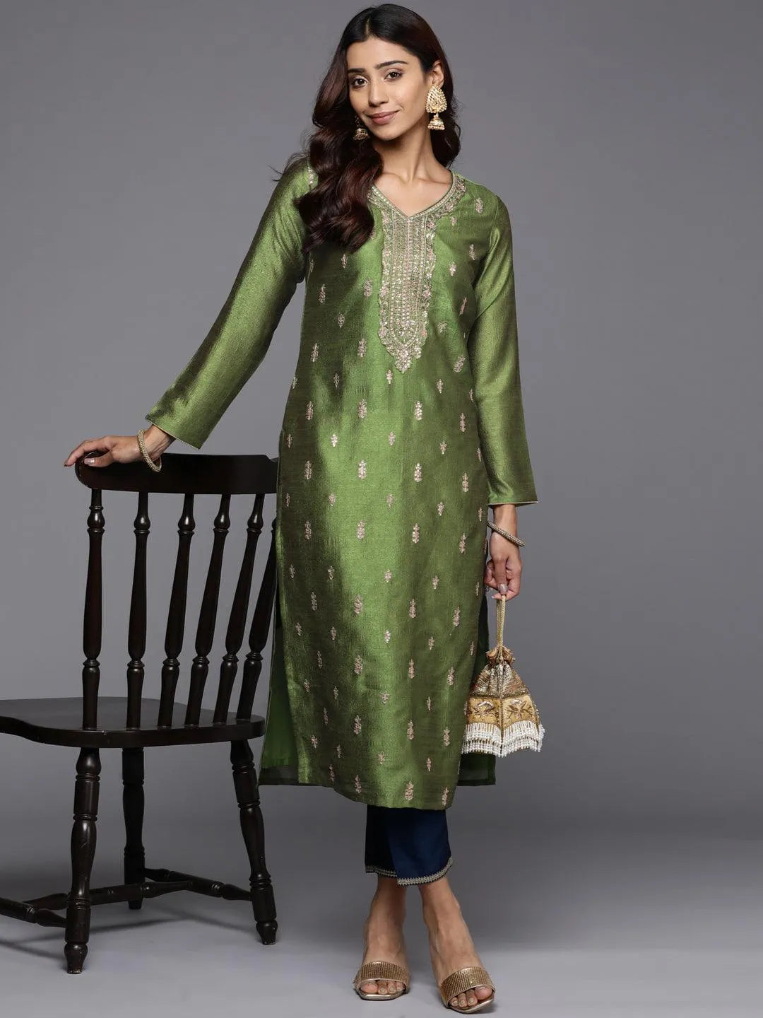 Green Embroidered Silk Straight Kurta - Libas 