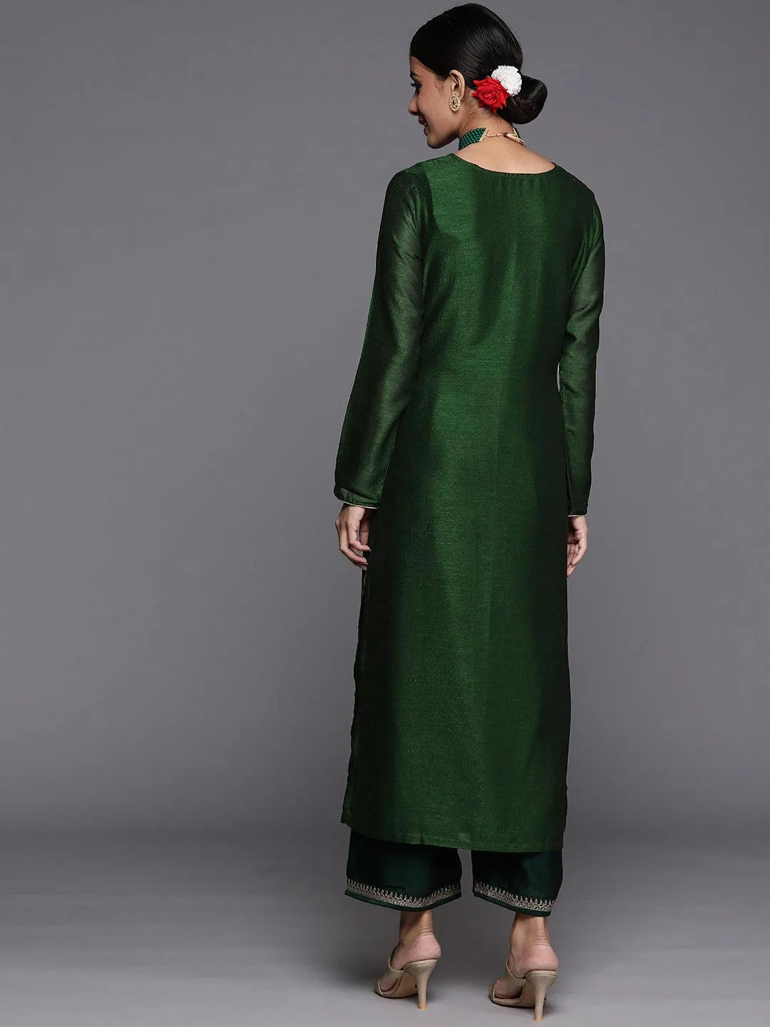 Green Embroidered Silk Straight Kurta - Libas 