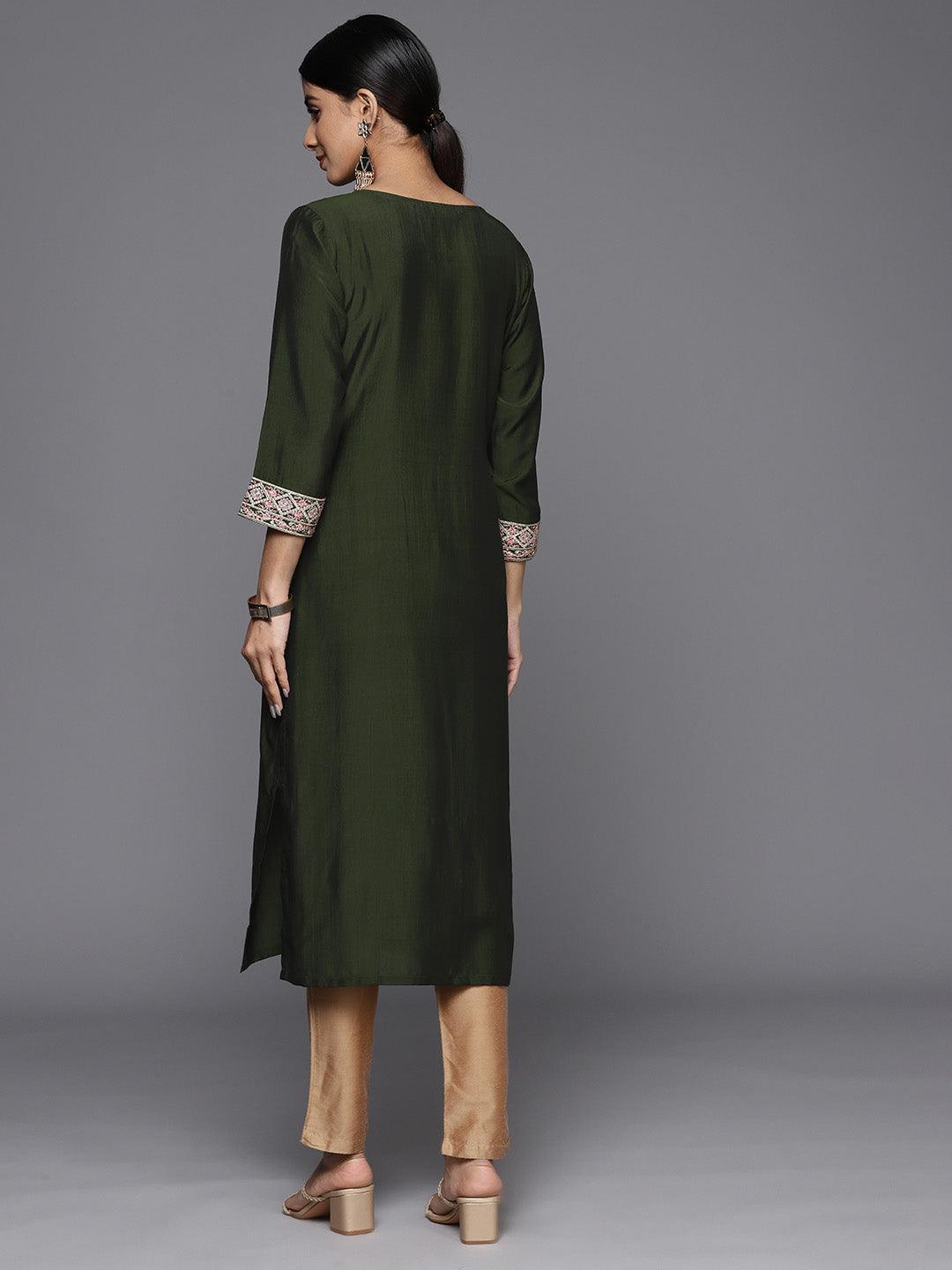 Green Embroidered Silk Straight Kurta - Libas