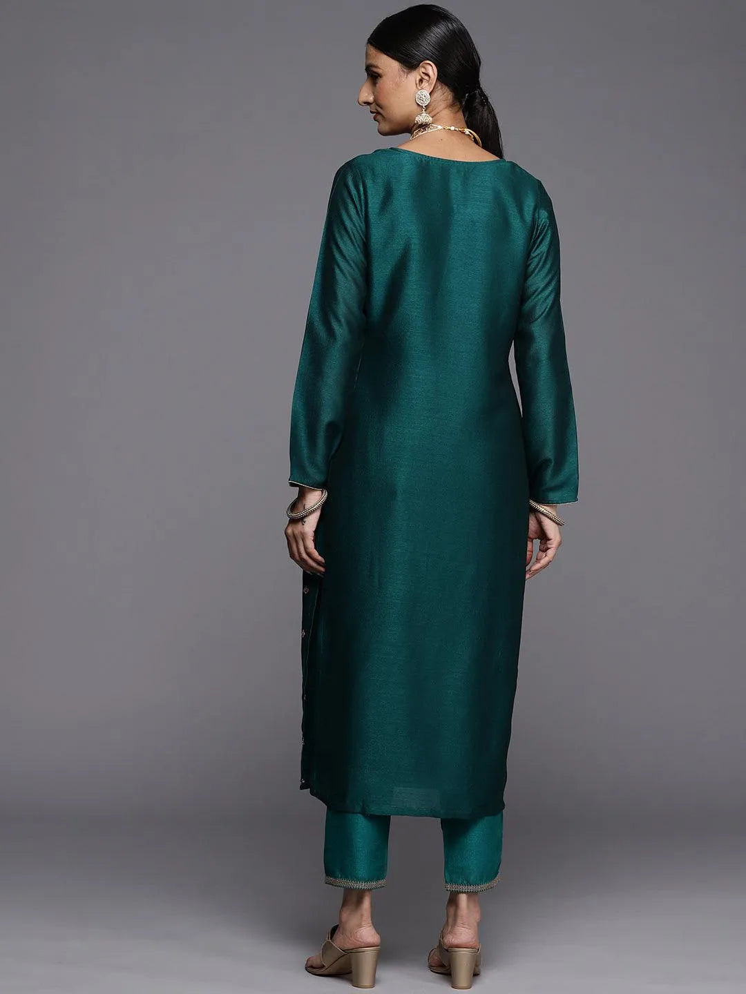 Green Embroidered Silk Straight Kurta - Libas 