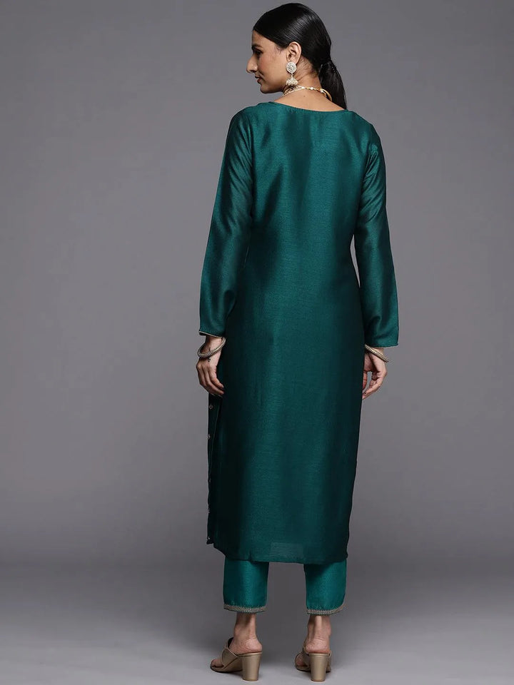 Green Embroidered Silk Straight Kurta - Libas