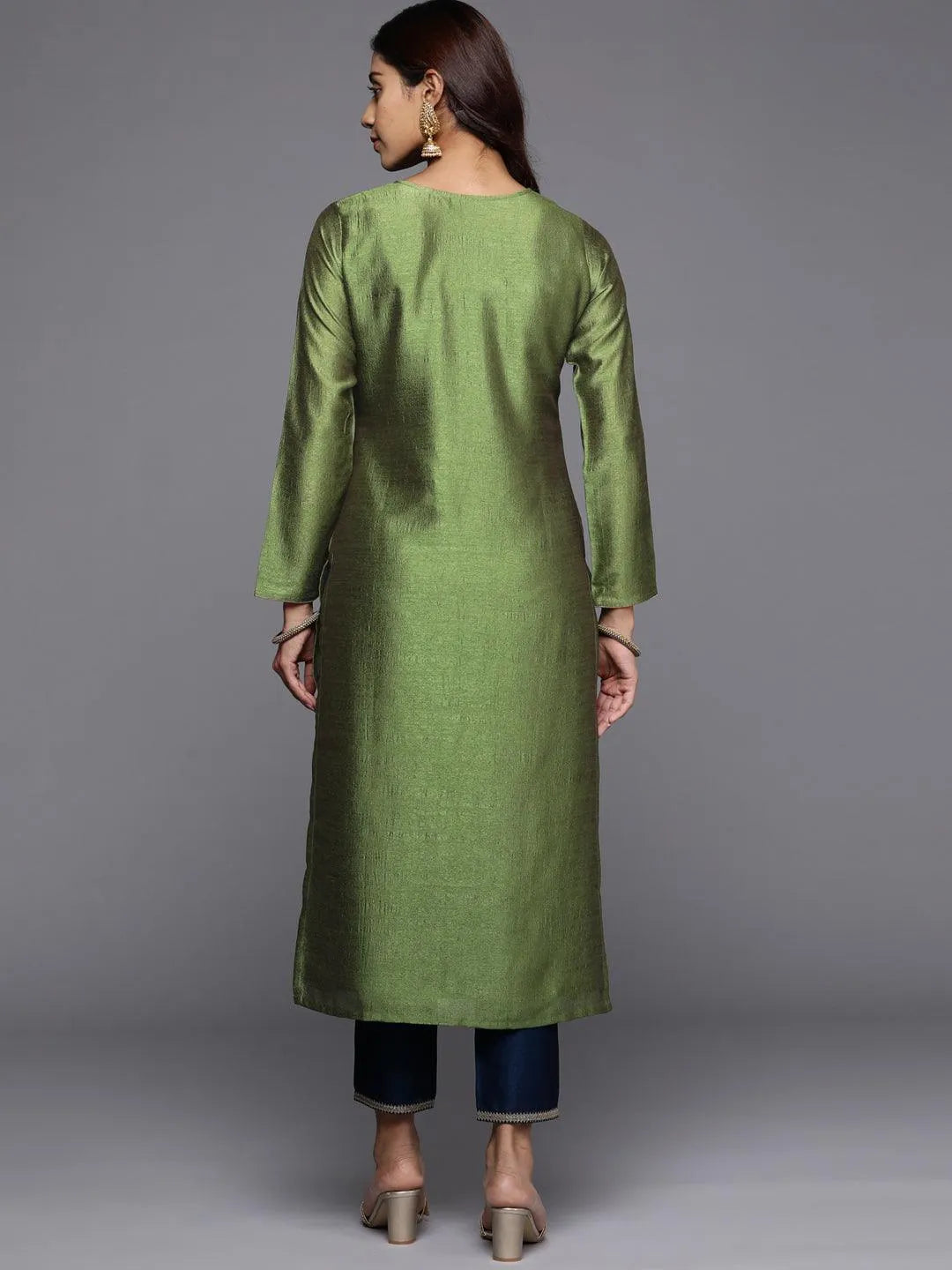 Green Embroidered Silk Straight Kurta - Libas 