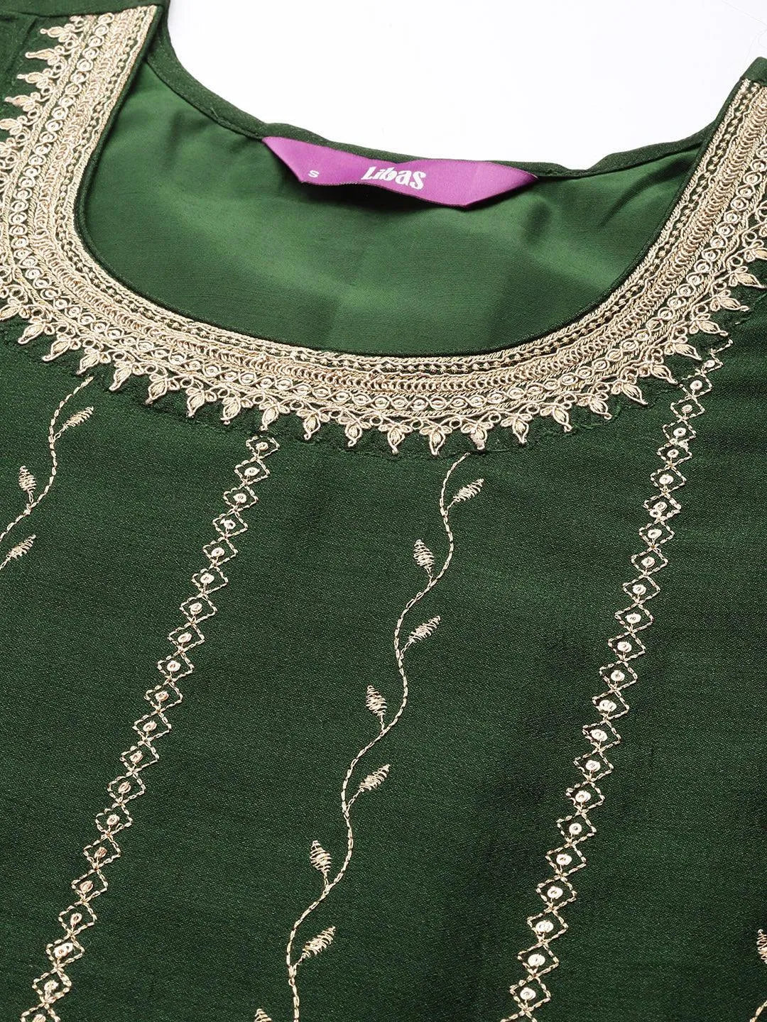 Green Embroidered Silk Straight Kurta - Libas