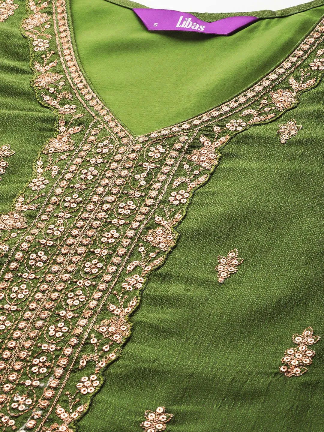 Green Embroidered Silk Straight Kurta - Libas 