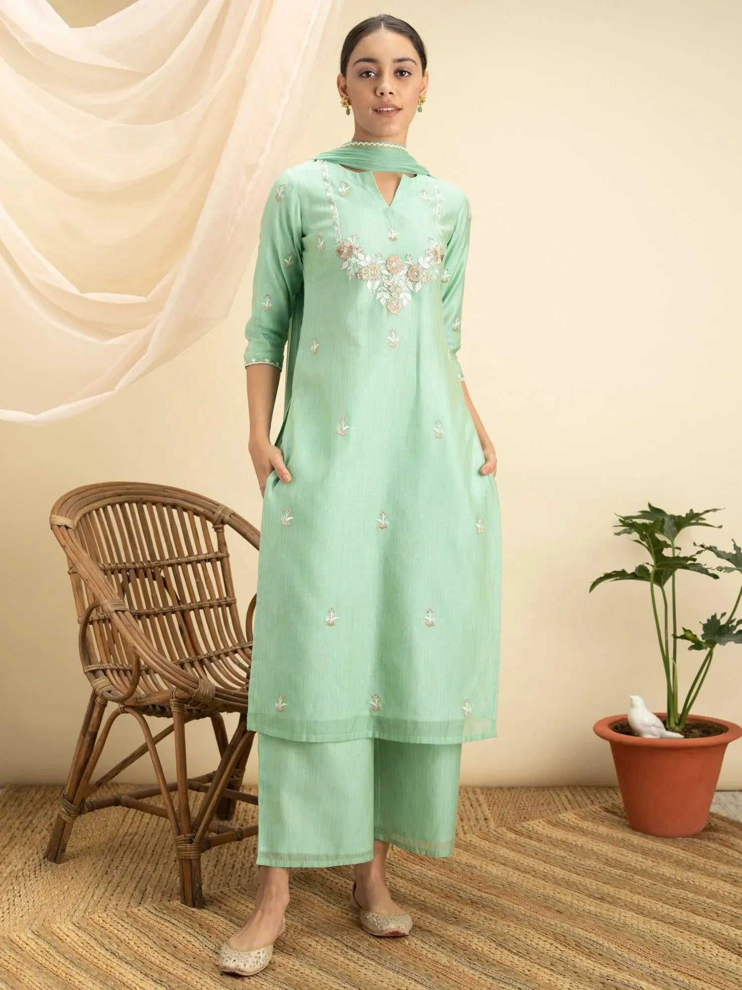 

Green Embroidered Silk Straight Kurta With Palazzos & Dupatta