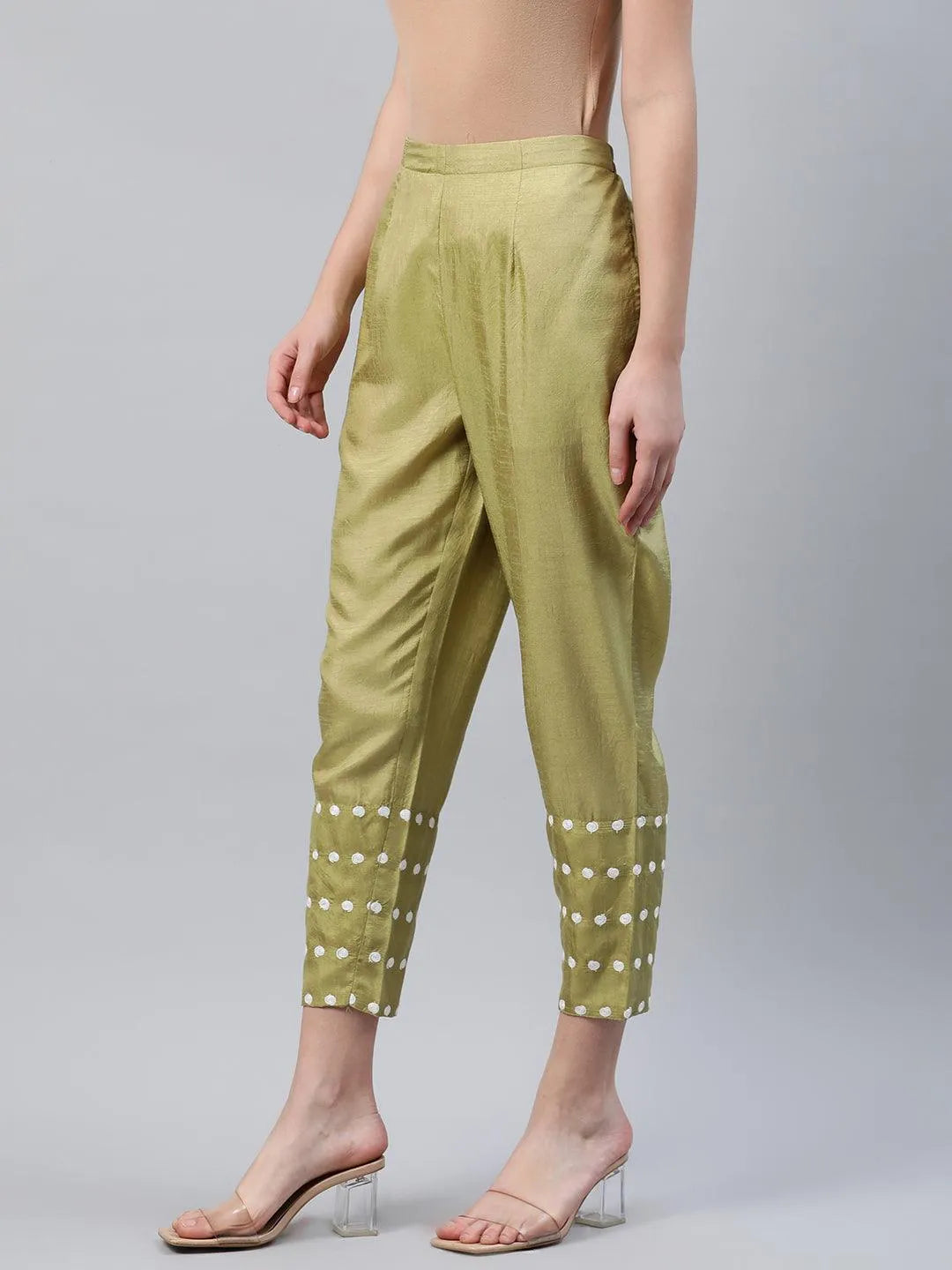 Green Embroidered Silk Trousers - Libas 