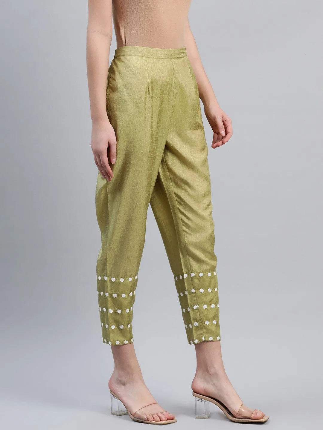 Green Embroidered Silk Trousers - Libas 