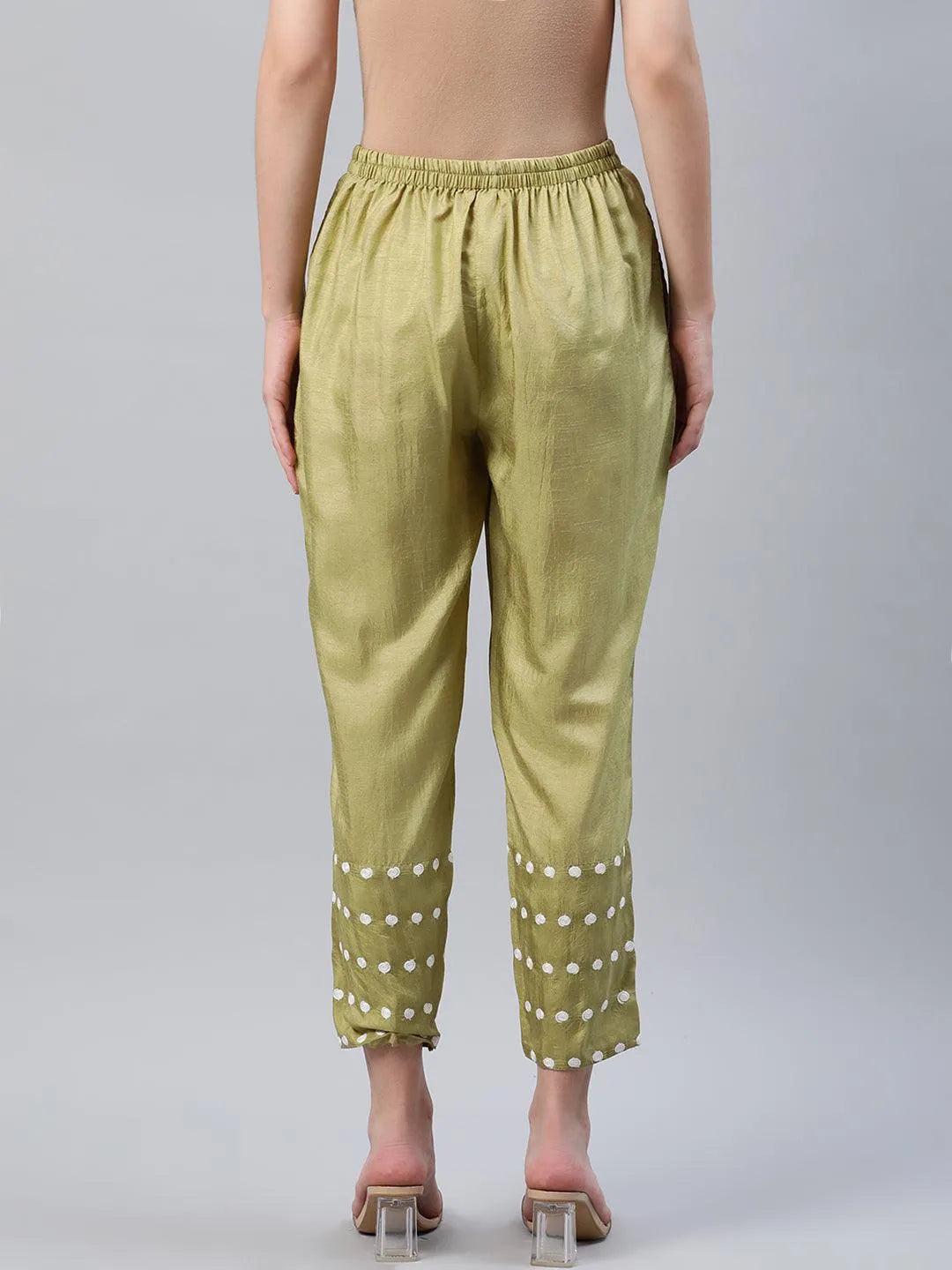 Green Embroidered Silk Trousers - Libas 