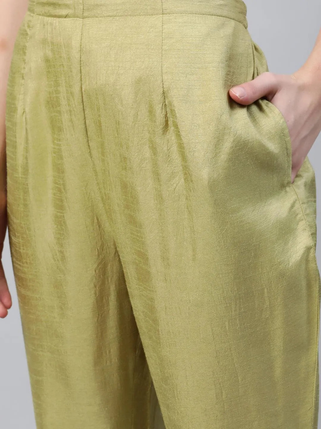 Green Embroidered Silk Trousers - Libas 