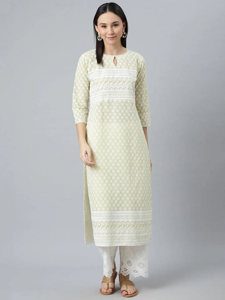 Green Embroidered Straight Kurta - Libas