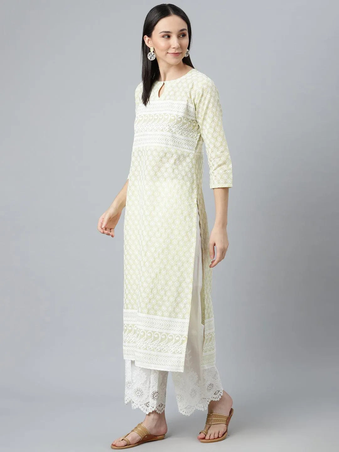 Green Embroidered Straight Kurta - Libas