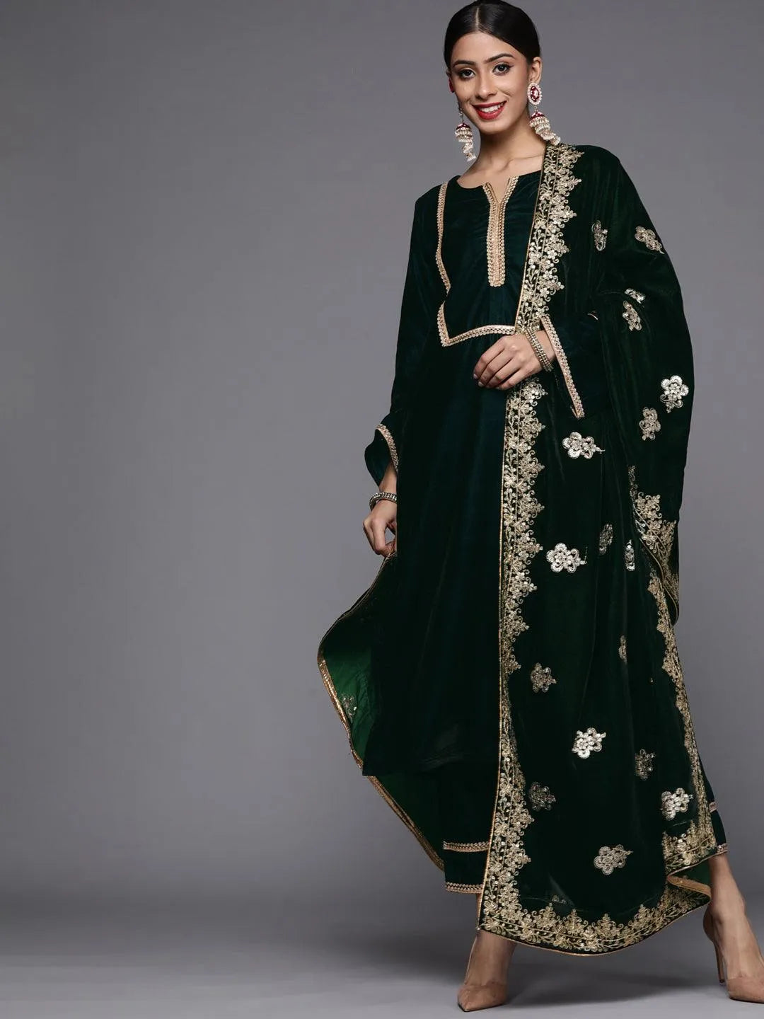 Green Embroidered Velvet Suit Set - Libas