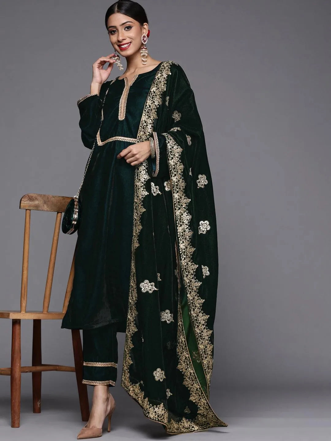 Green Embroidered Velvet Suit Set - Libas 