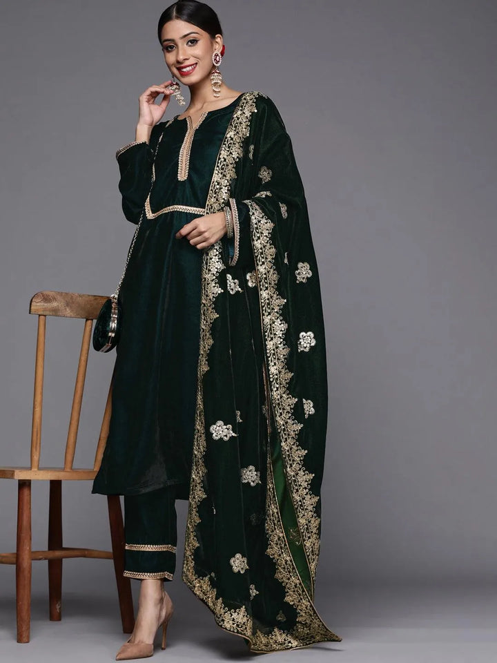 Green Embroidered Velvet Suit Set - Libas