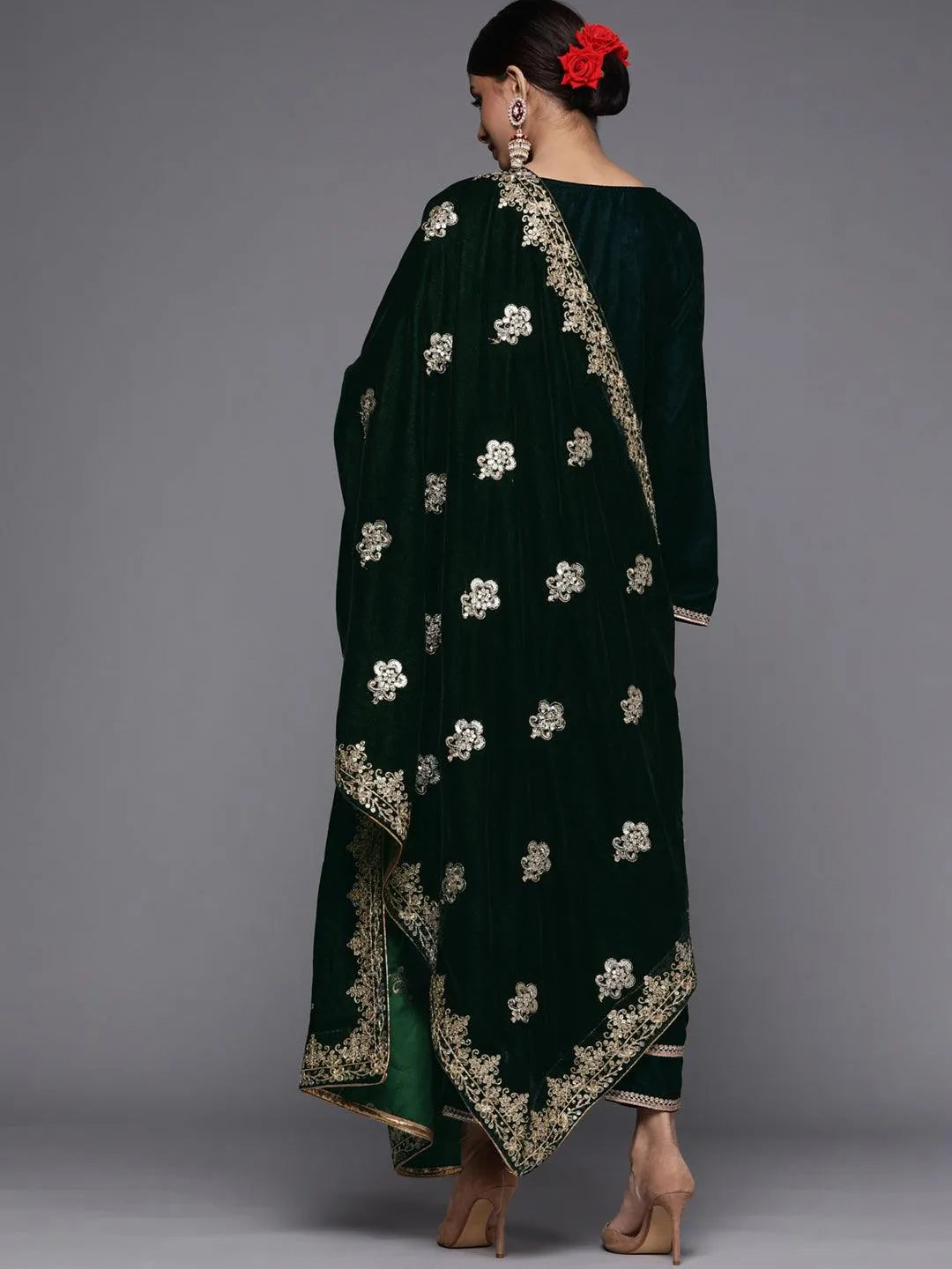 Green Embroidered Velvet Suit Set - Libas 