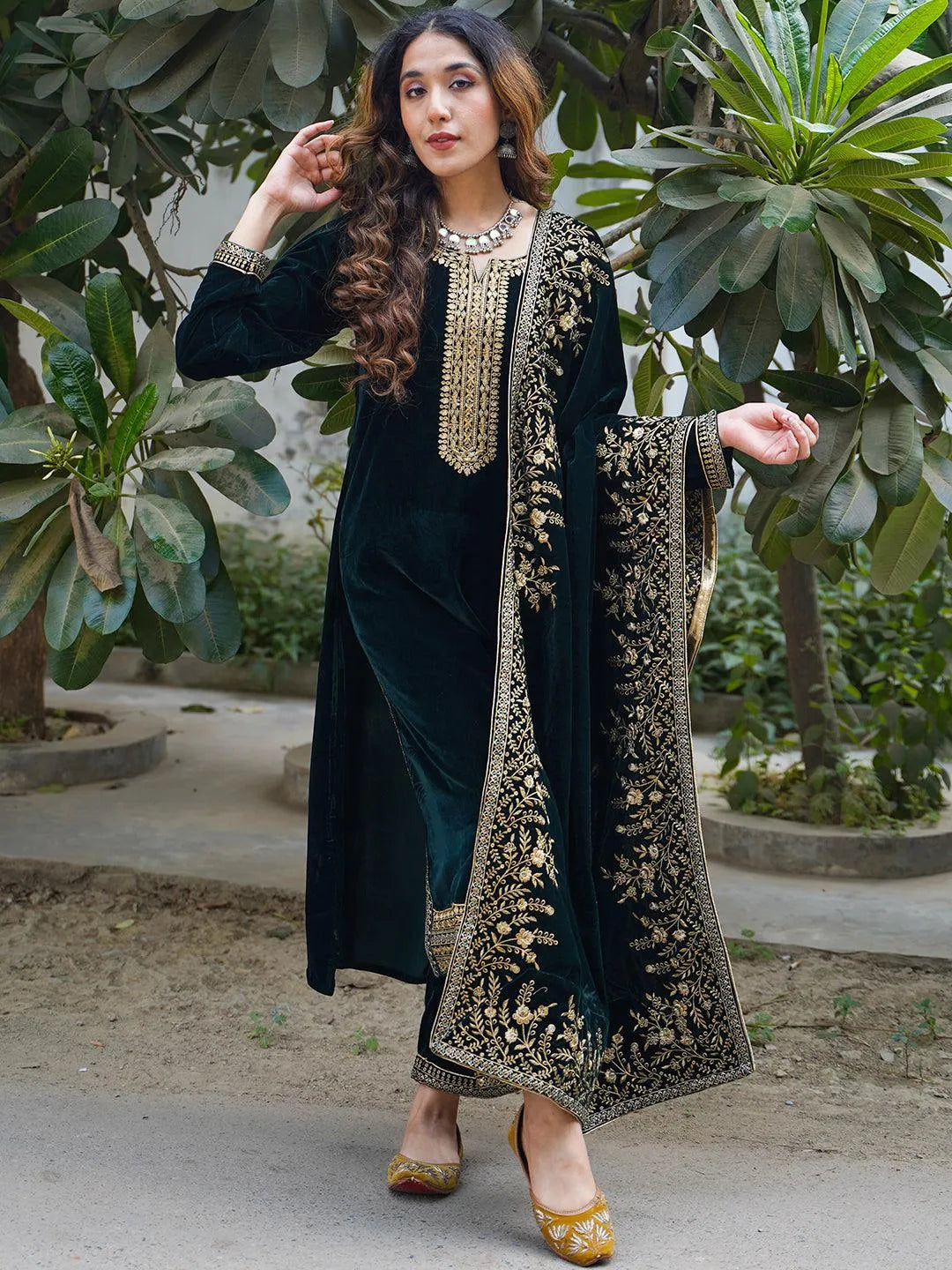 Green Embroidered Velvet Straight Suit Set - Libas 