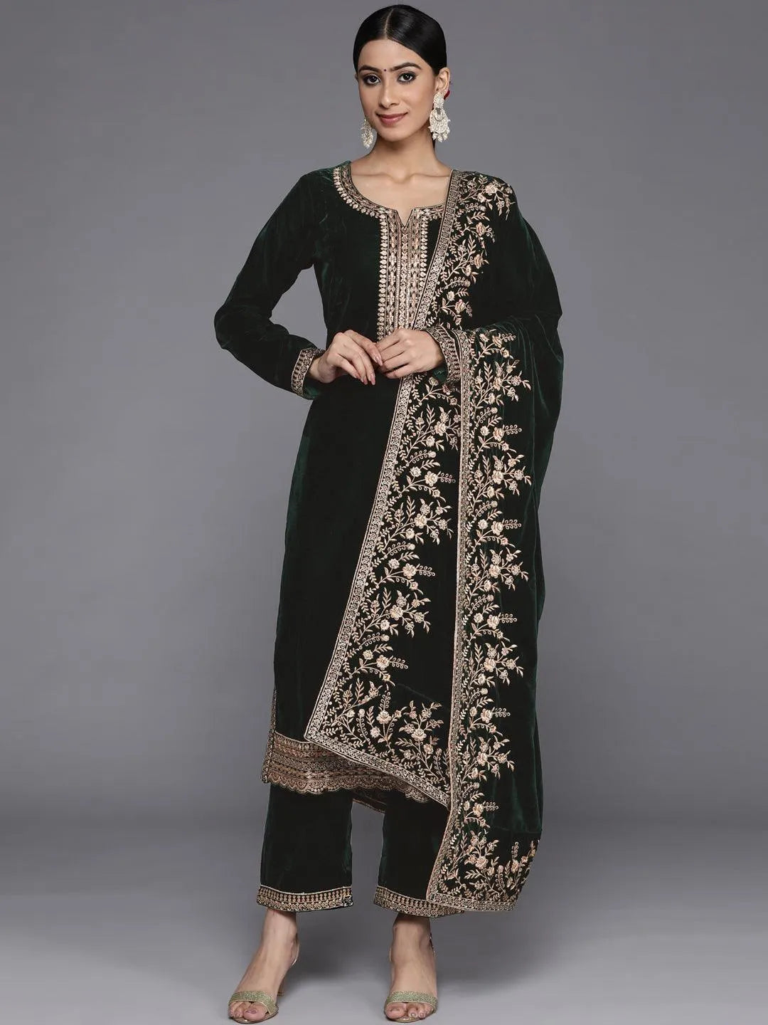 Green Embroidered Velvet Straight Suit Set - Libas 