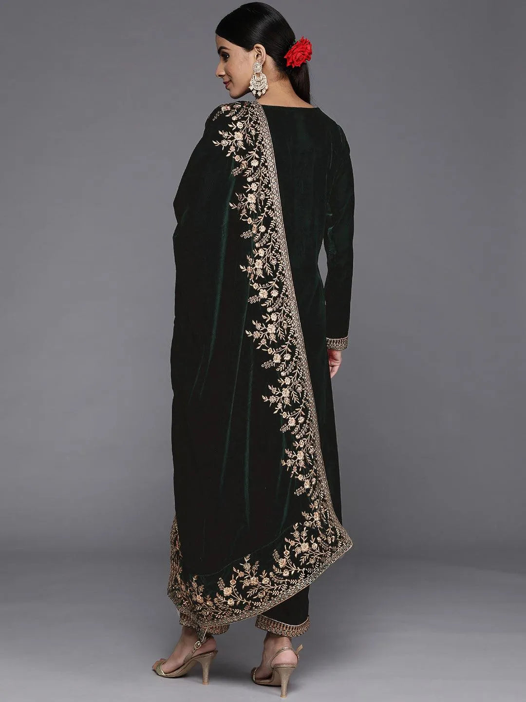 Green Embroidered Velvet Straight Suit Set - Libas 