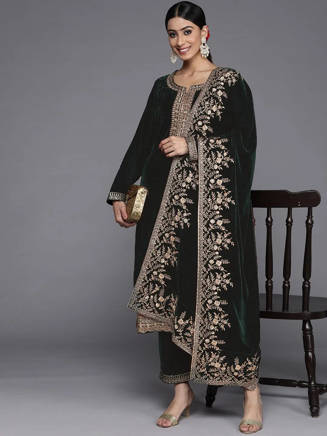 Green Embroidered Velvet Straight Suit Set - Libas 