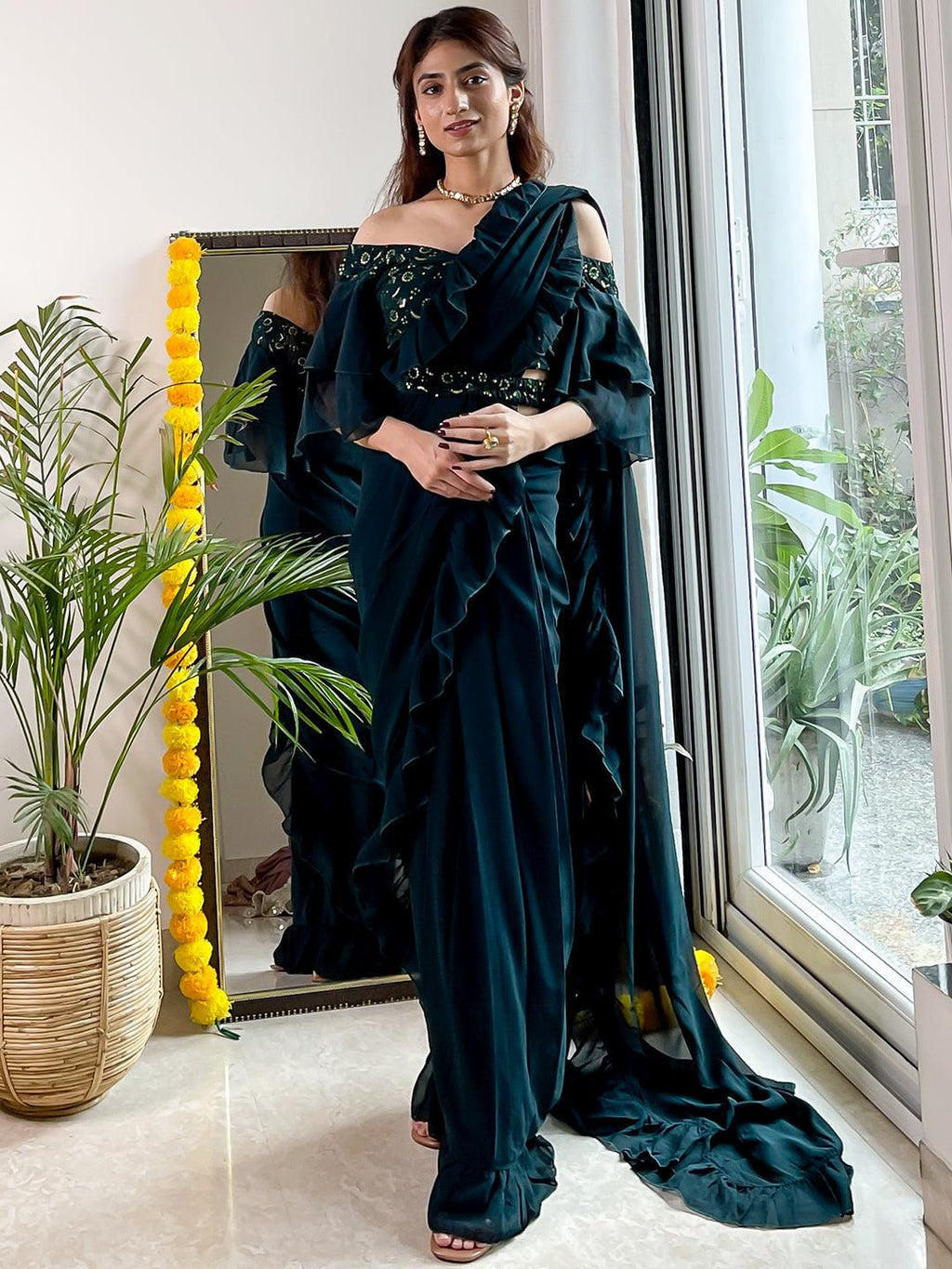 Black Pre-Draped Ruffle Saree With Sequin Blouse – KabiriJaipur