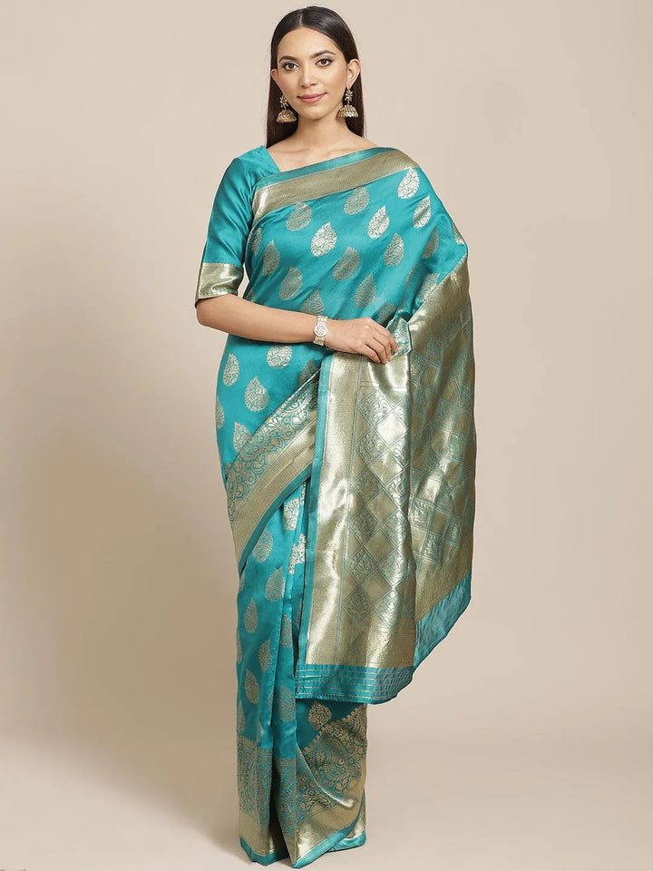 Green Printed Brocade Saree - Libas