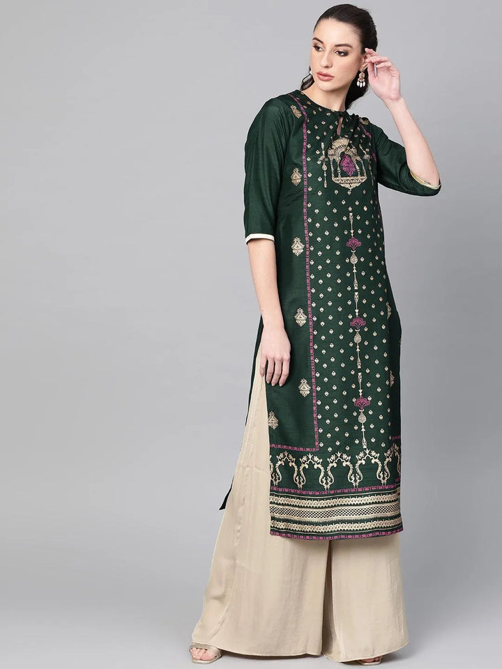 Green Printed Chanderi Kurta - Libas