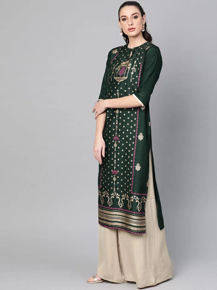 Green Printed Chanderi Kurta - Libas