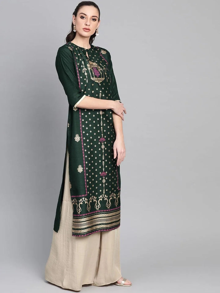 Green Printed Chanderi Kurta - Libas