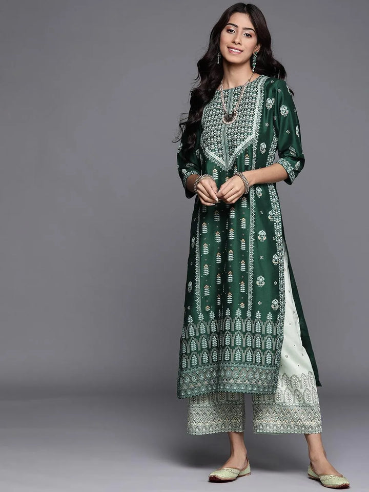 Green Printed Chanderi Silk Kurta - Libas