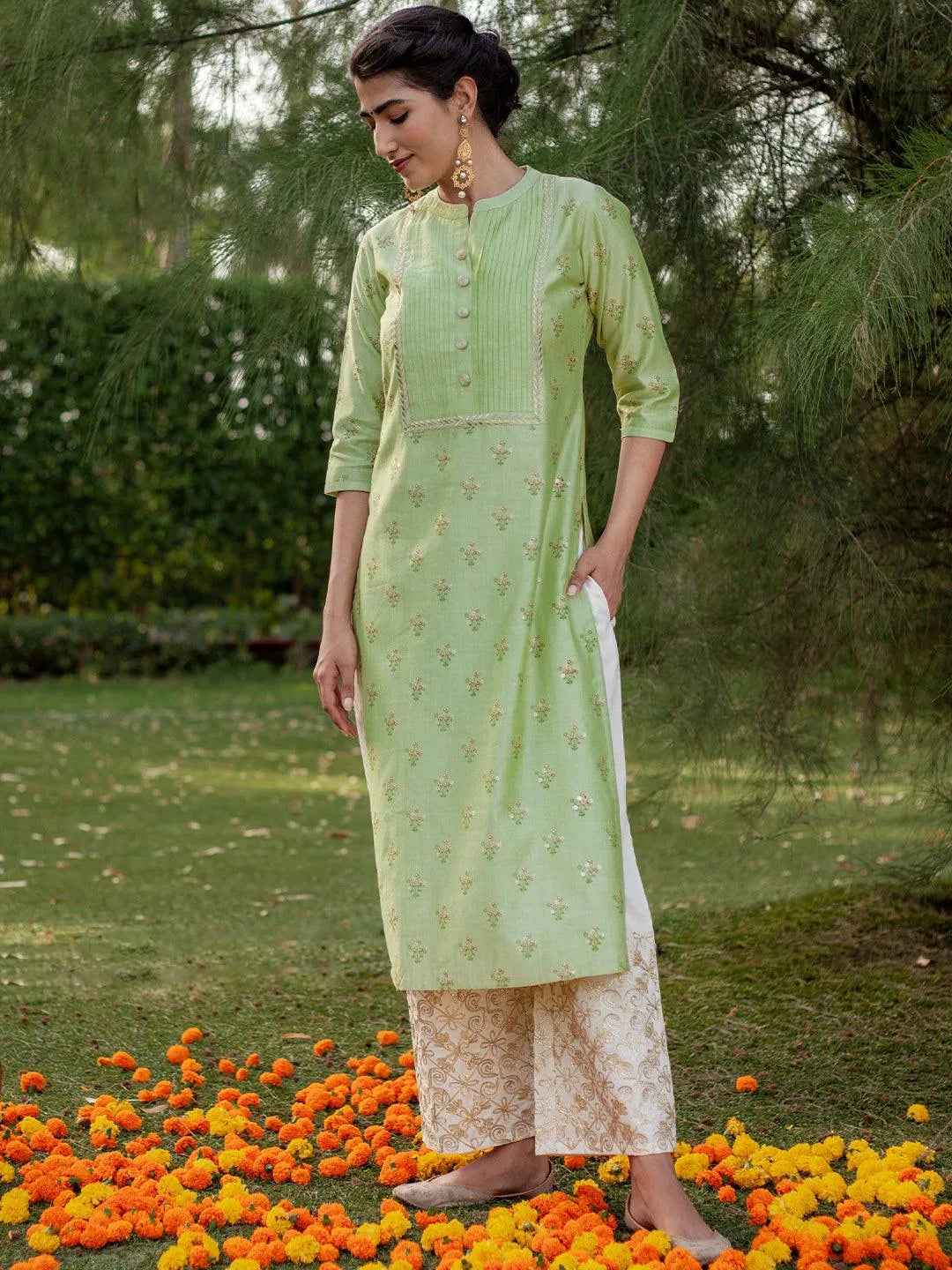 Green Printed Chanderi Silk Kurta - Libas