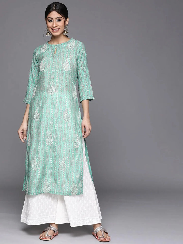 Green Printed Chanderi Silk Kurta - Libas