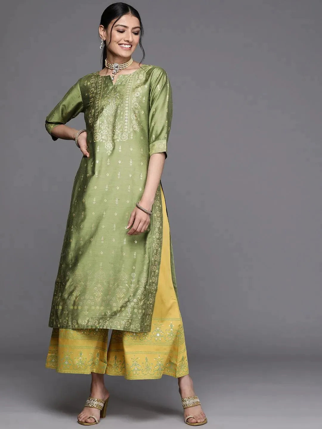 Green Printed Chanderi Silk Kurta - Libas