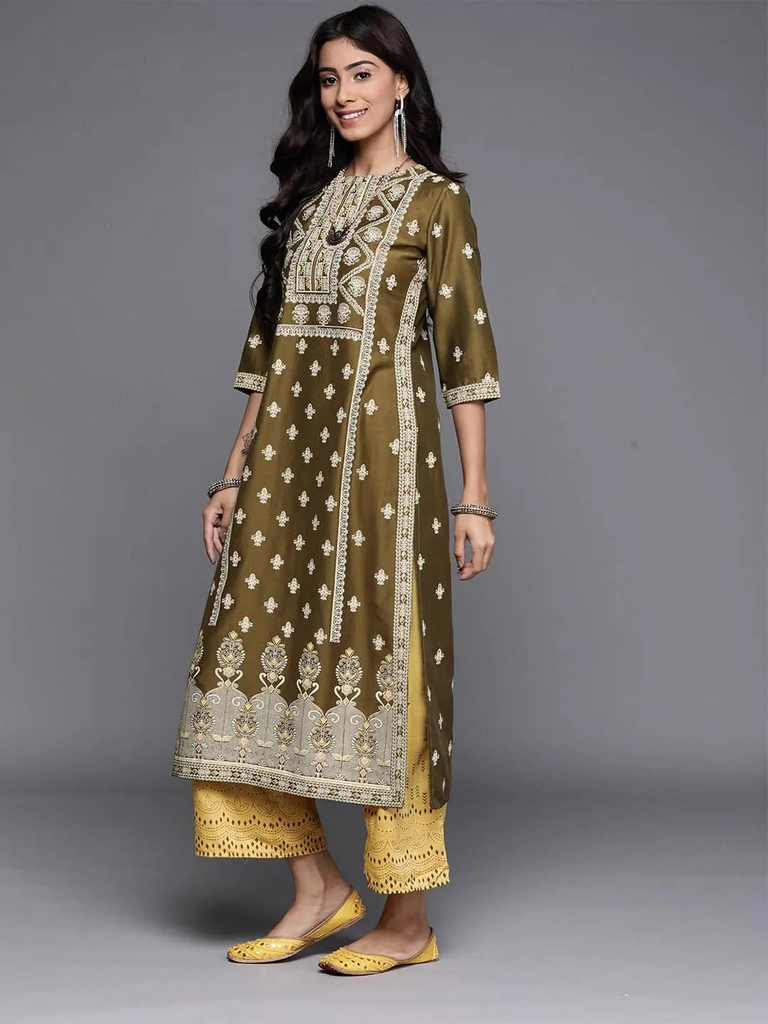 Green Printed Chanderi Silk Kurta - Libas