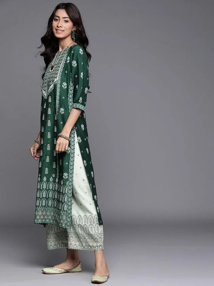 Green Printed Chanderi Silk Kurta - Libas